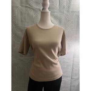 Christopher & Banks Women's Large Ribbed Knit Sleeve Top Crew Neck Beige Basic